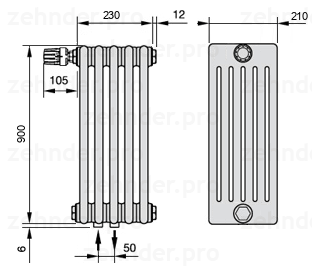 Схема (чертеж) Радиатор Zehnder Charleston 6090/5 №V007 Белый глянцевый RAL 9016